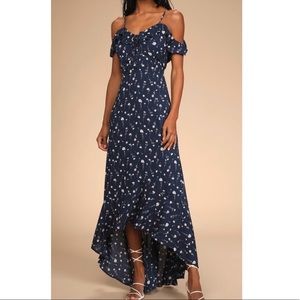 Darling for the Day Navy Blue Floral Off-the-Shoulder Maxi Dress
